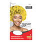 Package of a yellow treatment cap with a model wearing it, on a white background.