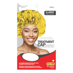 Package of a yellow treatment cap with a model wearing it, on a white background.