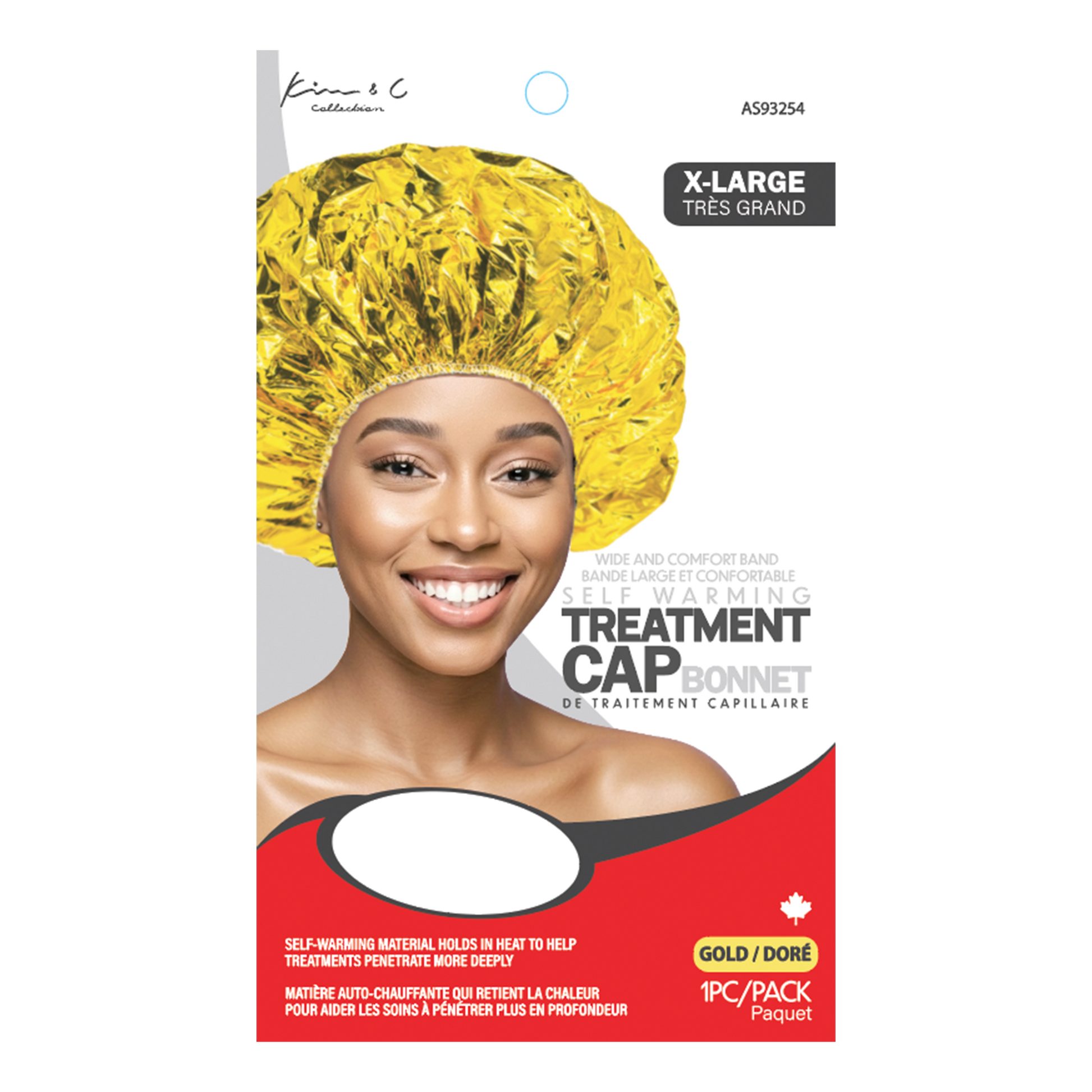 Package of a yellow treatment cap with a model wearing it, on a white background.
