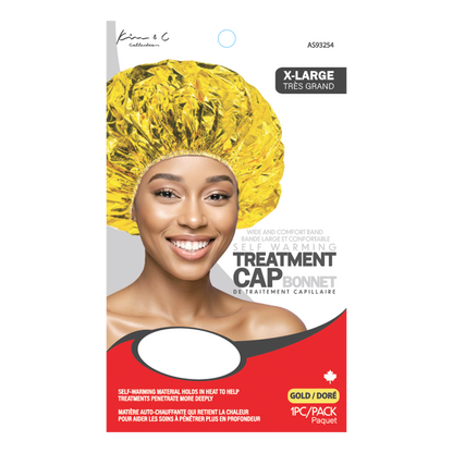 Package of a yellow treatment cap with a model wearing it, on a white background.