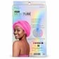 Front and back views of the packaging for Kime & C. Soft Mesh Tube two-line hair wraps, featuring a model wearing a bright pink wrap on the front and product details, color options, and instructions on the back.
