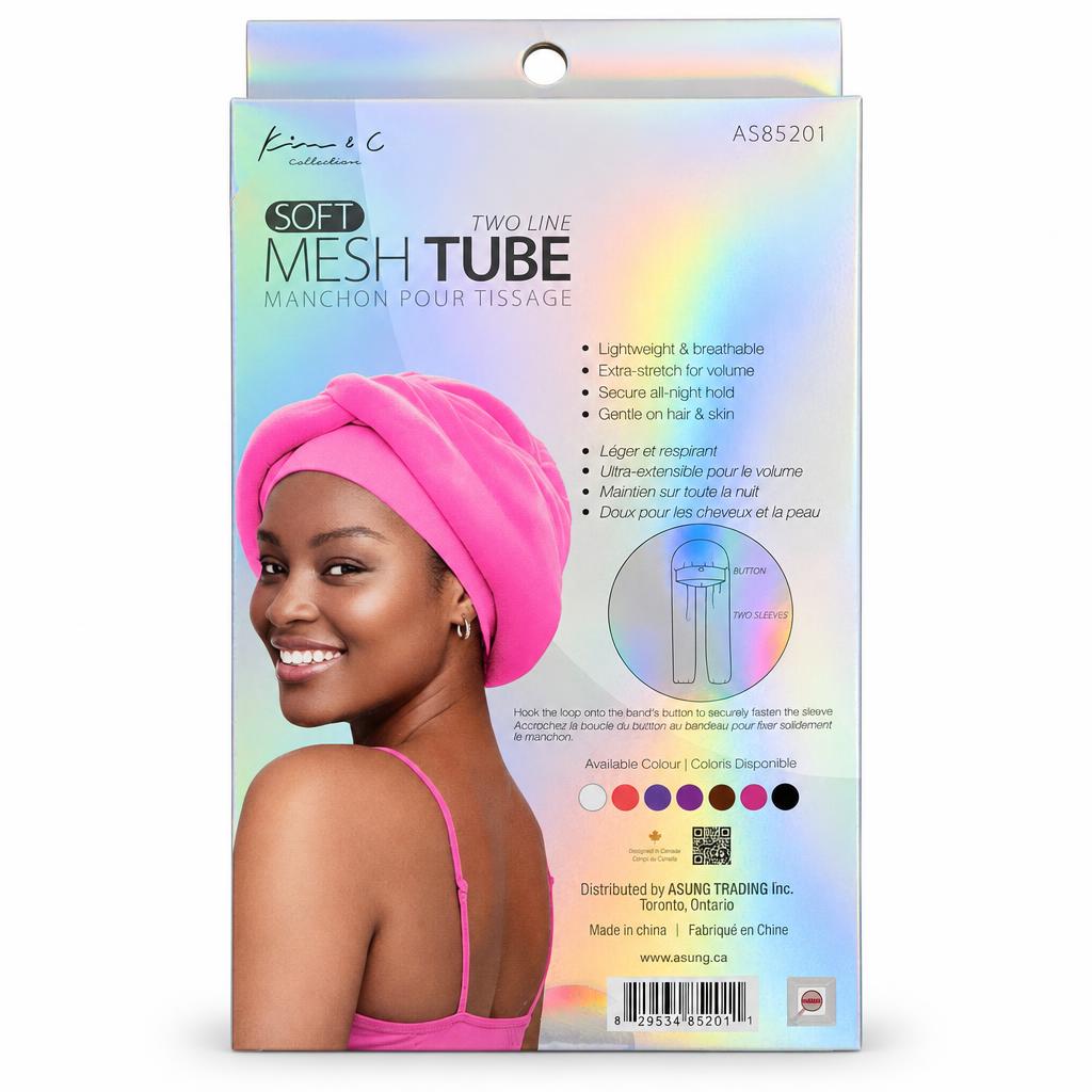 Front and back views of the packaging for Kime & C. Soft Mesh Tube two-line hair wraps, featuring a model wearing a bright pink wrap on the front and product details, color options, and instructions on the back.