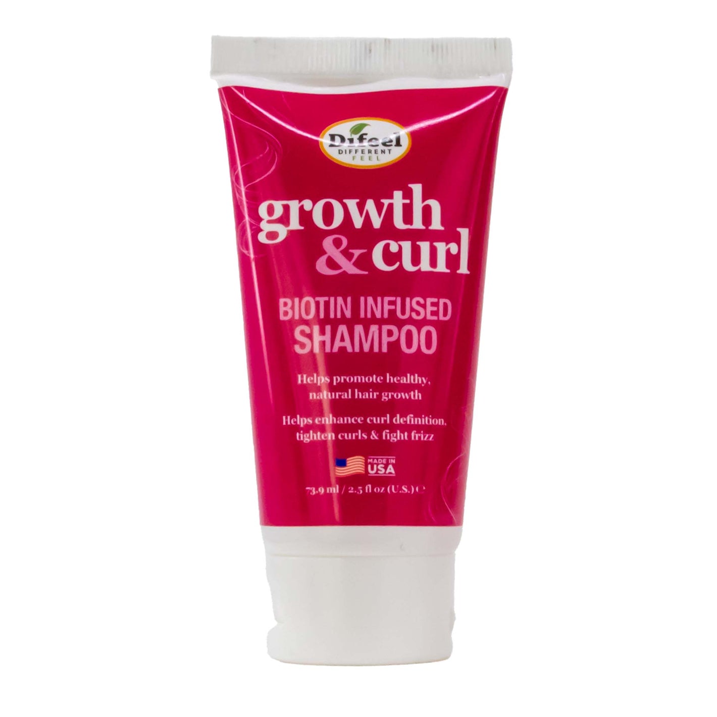 Tube of Difeel growth & curl shampoo on a white background