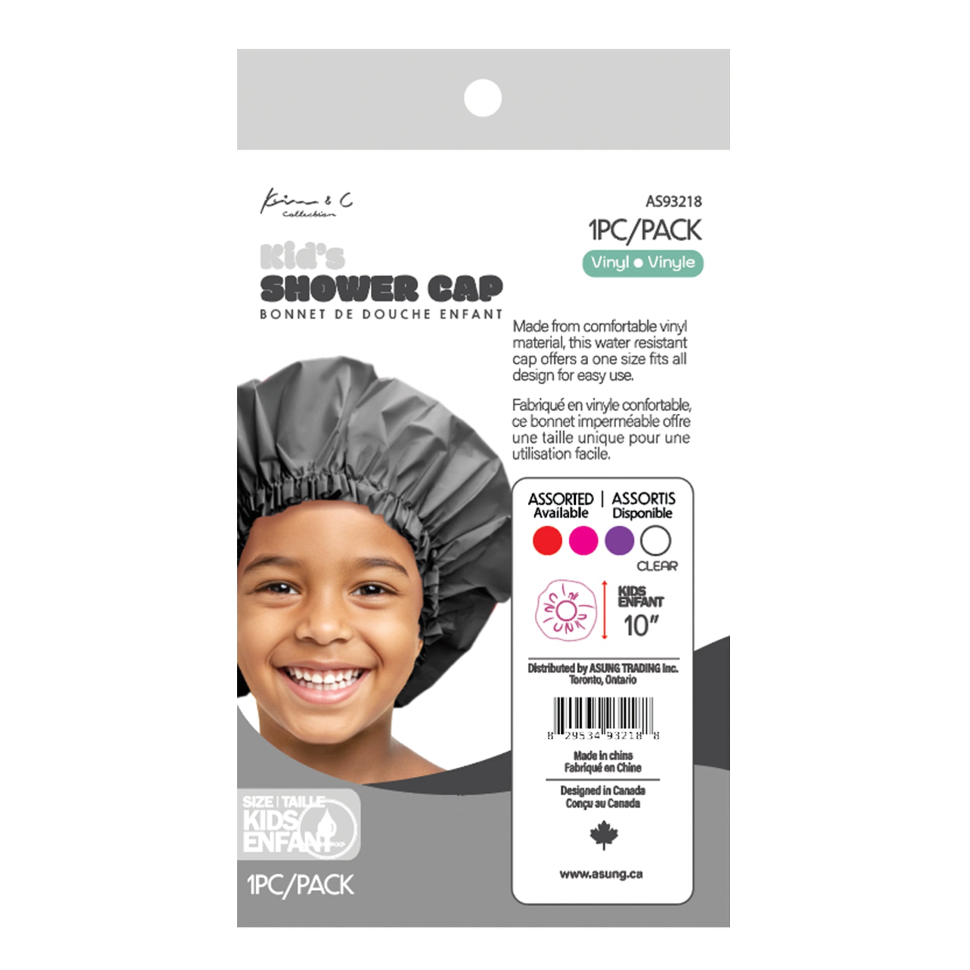 Shower cap packaging with a child wearing a shower cap on a white background