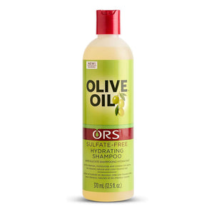A 370 mL bottle of ORS Olive Oil Sulfate-Free Hydrating Shampoo on a white background. The bottle is translucent, showing a pale yellow liquid inside, with a bright lime green label, a red flip-top cap, and a red band with the ORS logo.