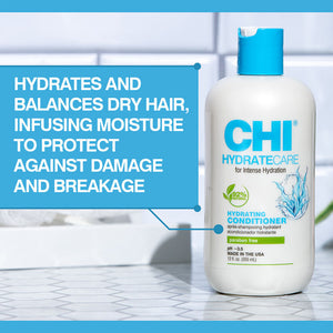 CHI Hydrate Care conditioner bottle with text on a tiled bathroom background
