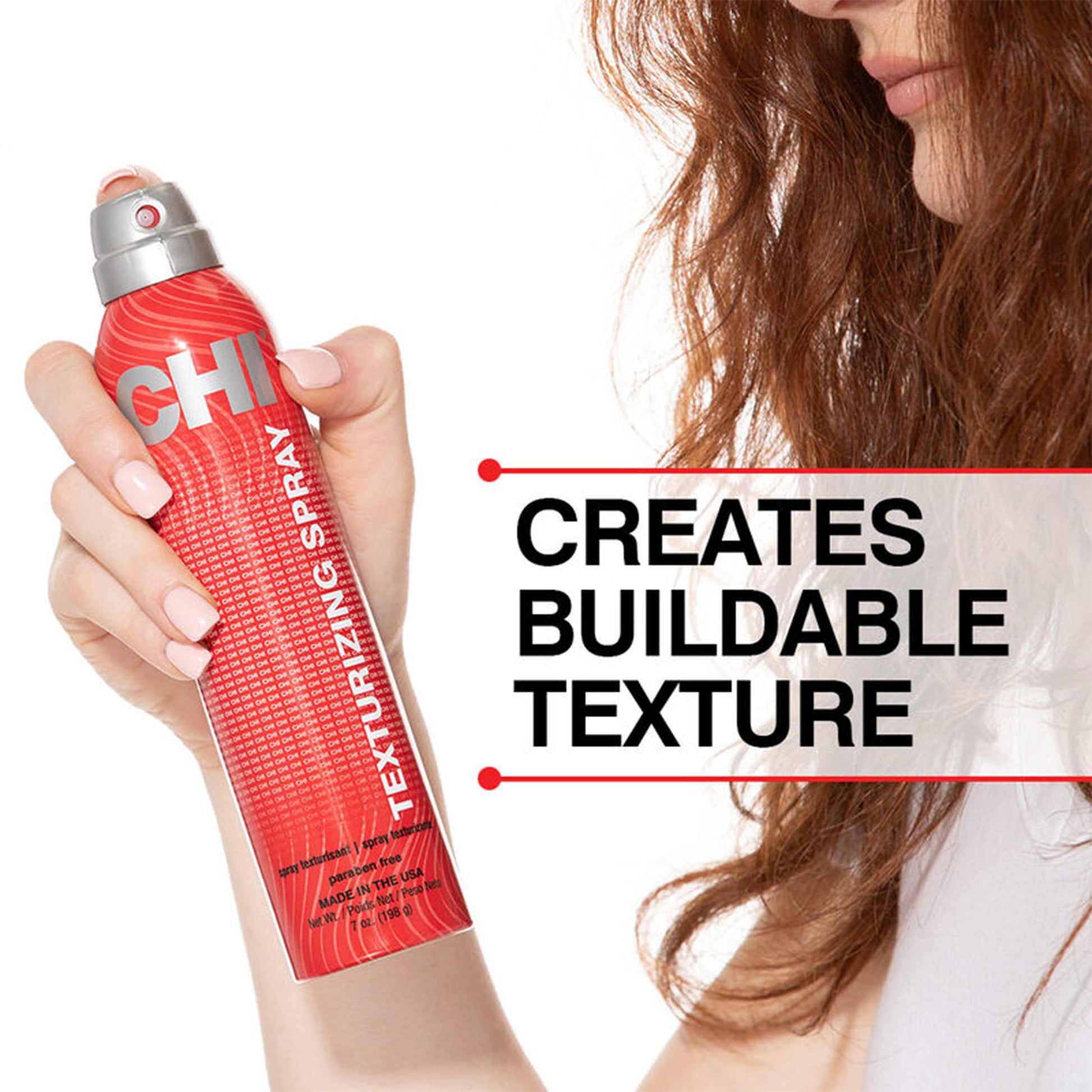 Red CHI texturizing spray bottle held by a person with text 'Creates Buildable Texture' on a white background