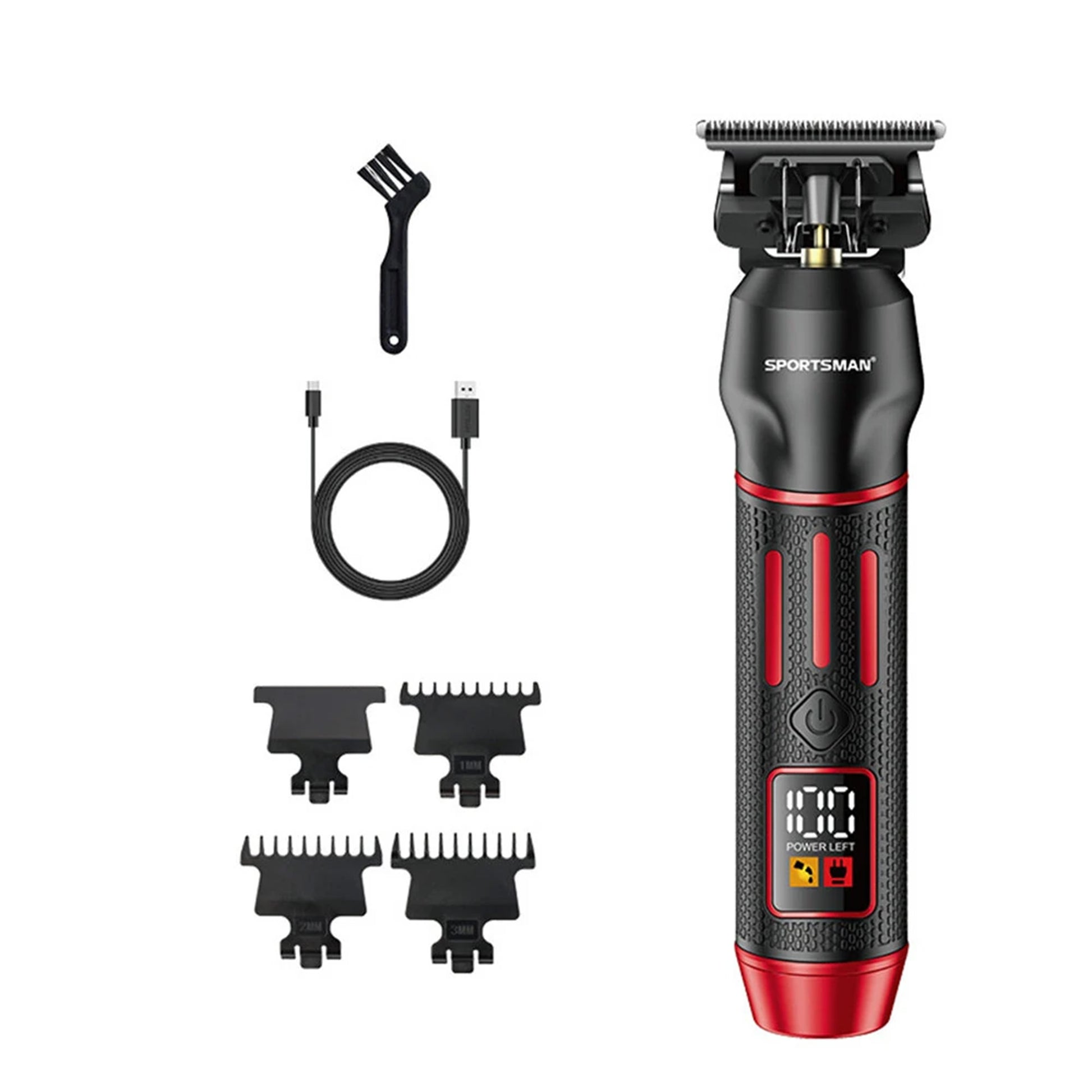 Hair trimmer set with attachments and charging cable on a white background