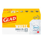 Box of Glad white small trash bags with Febreze scent on a white background