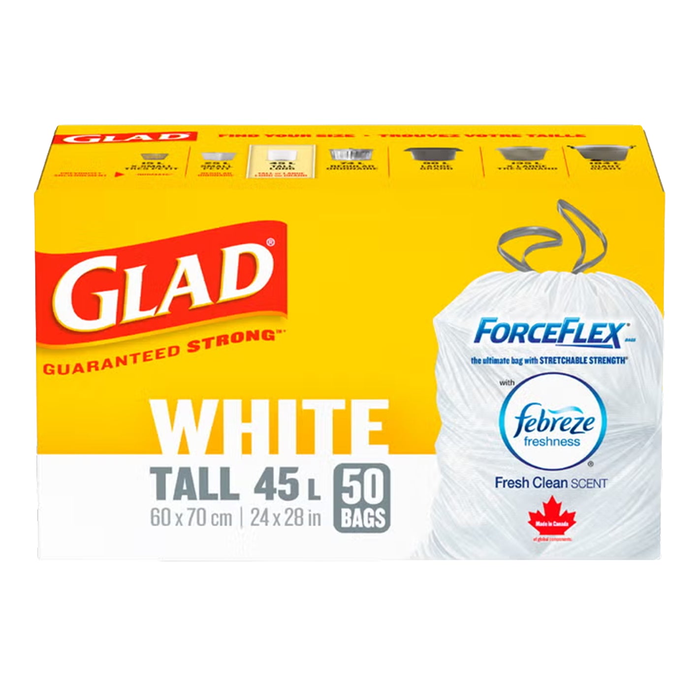 Box of Glad ForceFlex white tall trash bags with Febreze freshness on a yellow background