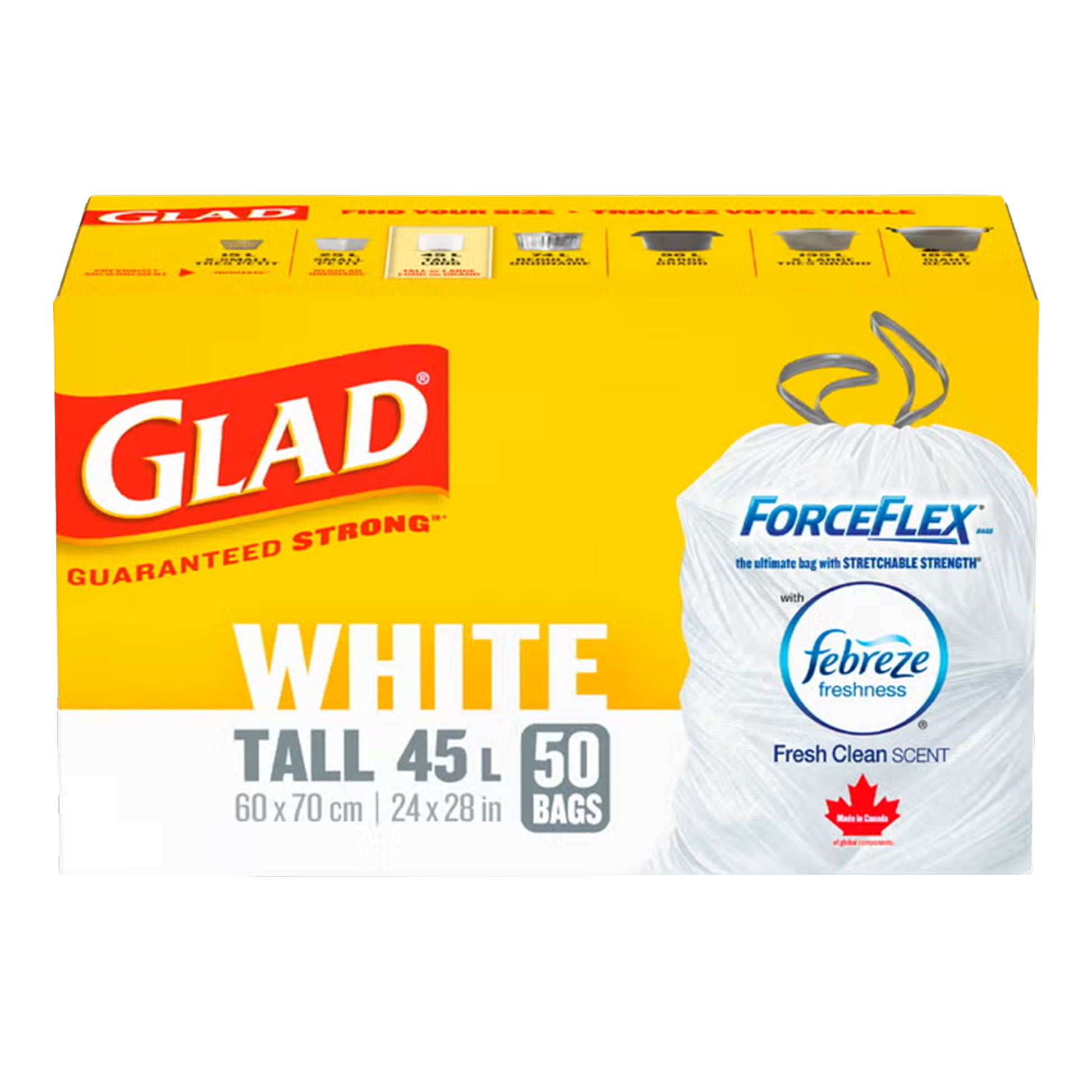 Box of Glad ForceFlex white tall trash bags with Febreze freshness on a yellow background