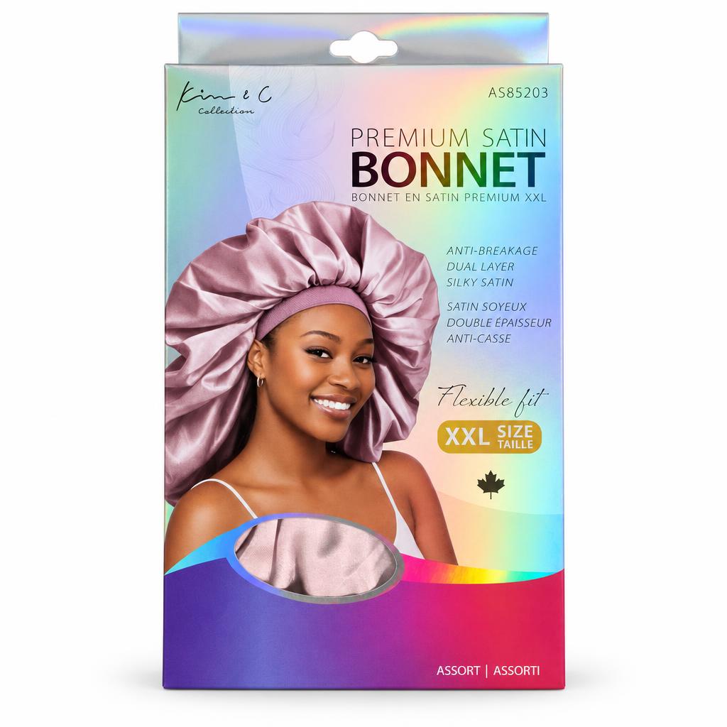 King & C Collection Premium Satin Bonnet in size XXL, shown in its retail packaging. The box features a model wearing the satin bonnet, which is a dusty rose/pink color, and has a vibrant iridescent gradient background.