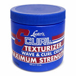 A blue plastic jar of Luster's 5 Curl Texturizer Maximum Strength Wave & Curl Creme, featuring a matching blue screw-on lid and a label with red and white lettering, set against a plain white background.