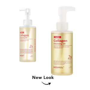 Two bottles of MDP MediPeel Lacto Collagen Cleansing Oil shown on a white background, with one bottle larger in the foreground and a smaller version behind it. Below, the text 'New Look' with a curved arrow indicates a redesigned package.