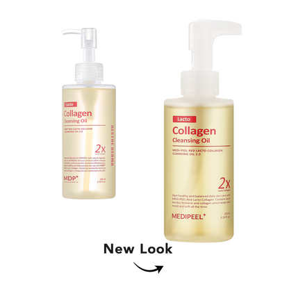 Two bottles of MDP MediPeel Lacto Collagen Cleansing Oil shown on a white background, with one bottle larger in the foreground and a smaller version behind it. Below, the text 'New Look' with a curved arrow indicates a redesigned package.