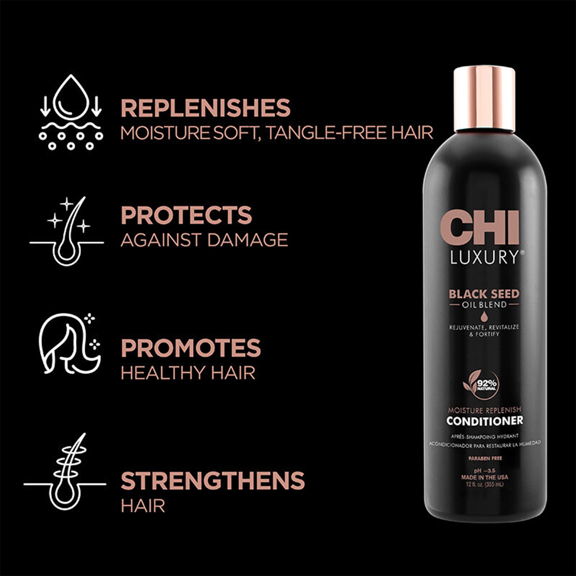 CHI Luxury Black Seed Oil Blend conditioner bottle with benefits on a black background