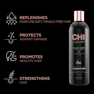 CHI Luxury Black Seed Oil Blend conditioner bottle with benefits on a black background