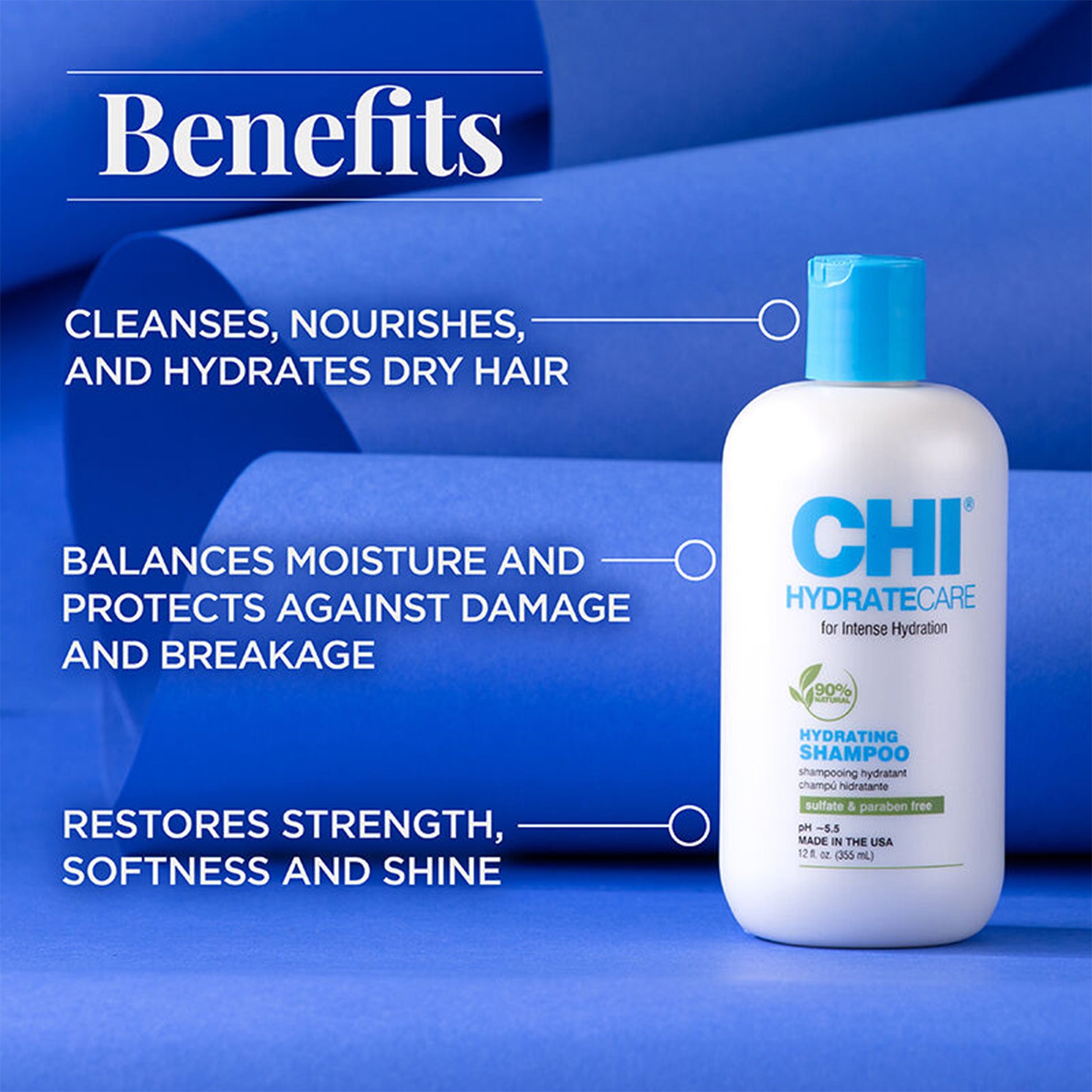 CHI Hydrate Care shampoo bottle with benefits text on a blue background
