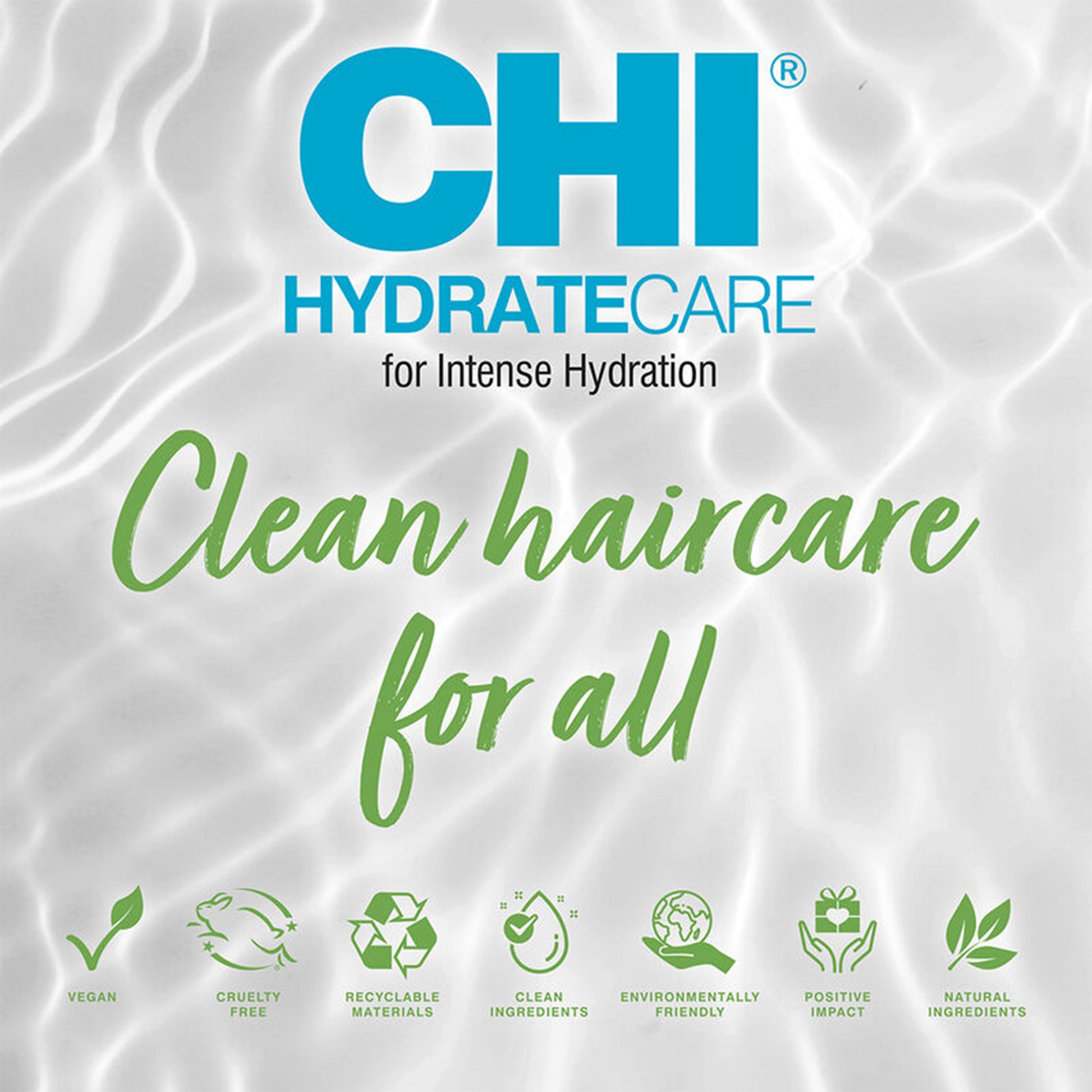 CHI Hydrate Care packaging with text and icons on a textured white background