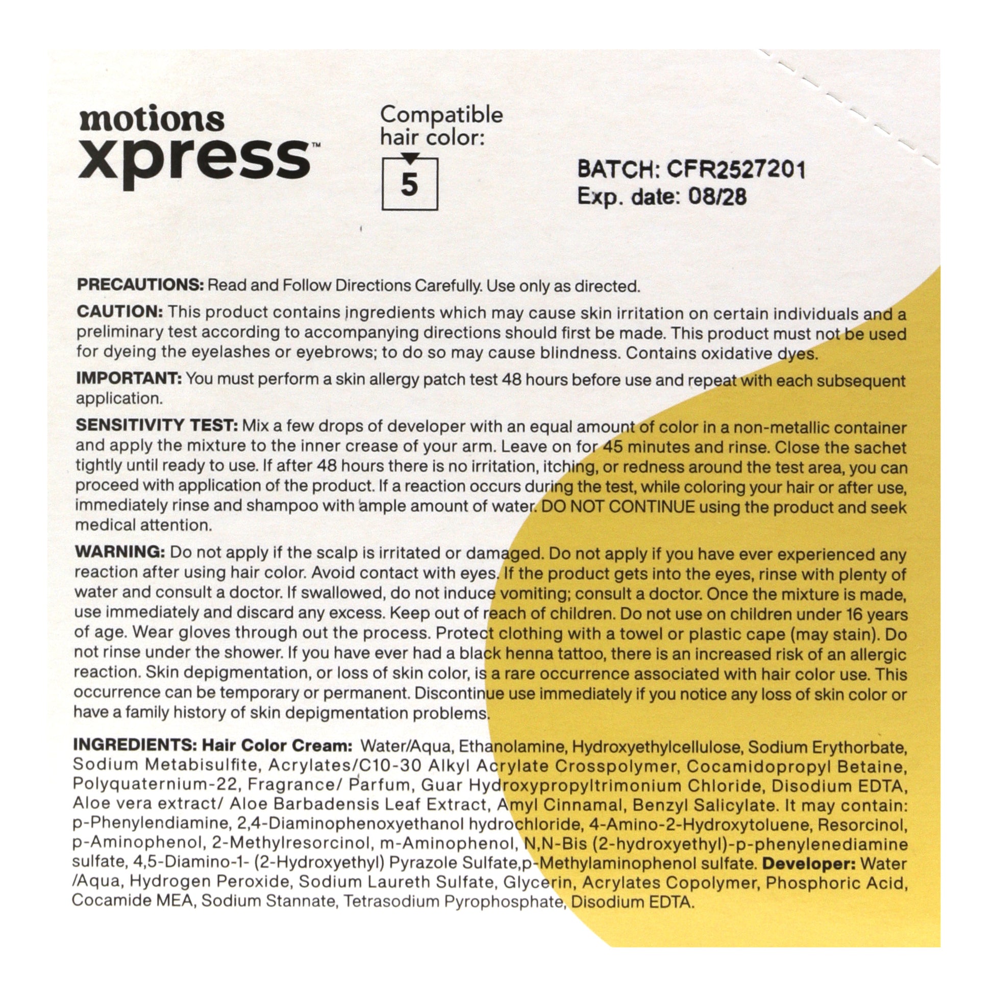 Instructions and ingredients for a hair color product labeled 'motions xpress'.