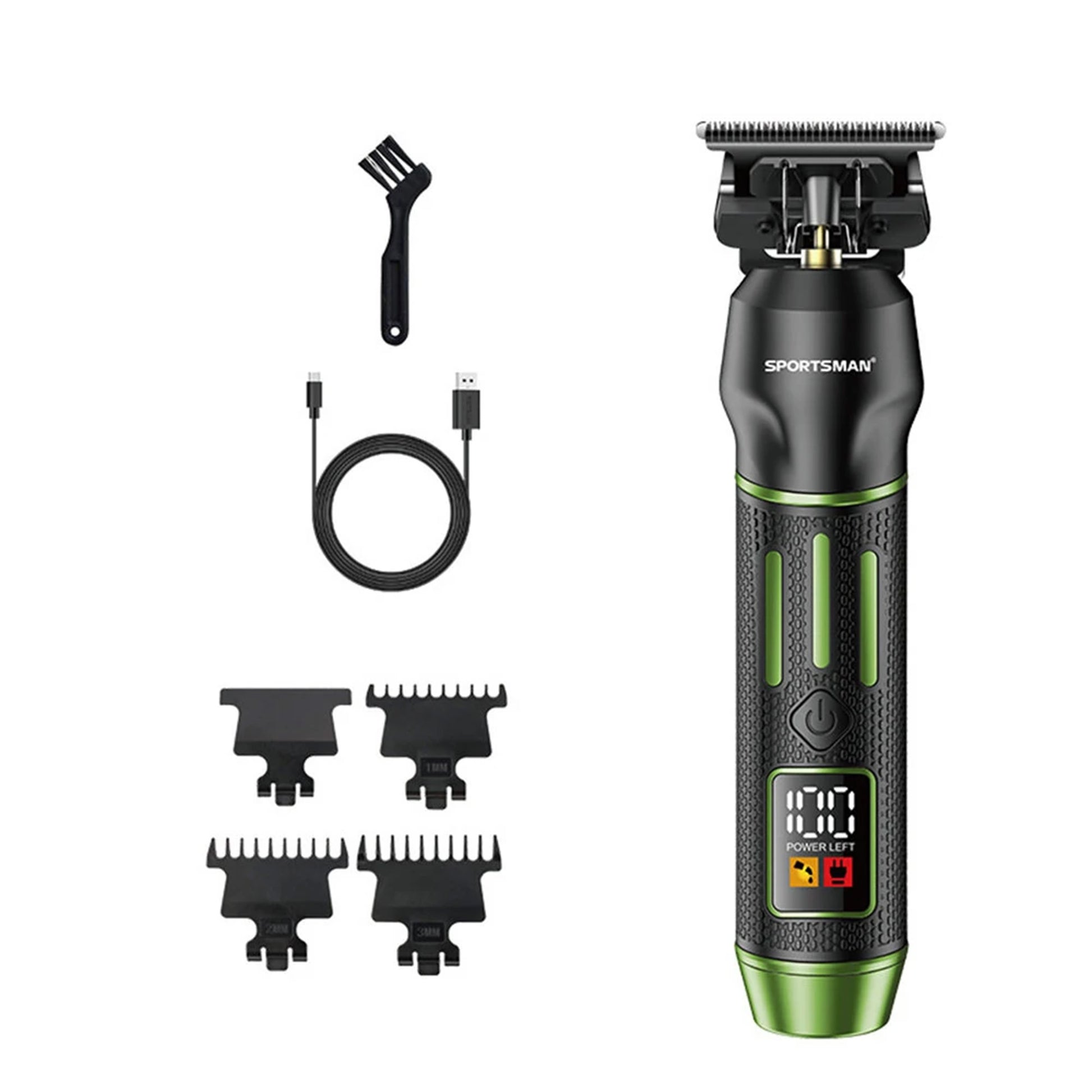 Hair trimmer set with attachments and cable on a white background
