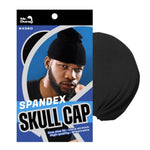 A black stretch skull cap shown next to its retail packaging card. The packaging features a blue and black design with a model wearing the cap, and the text 'Mr.