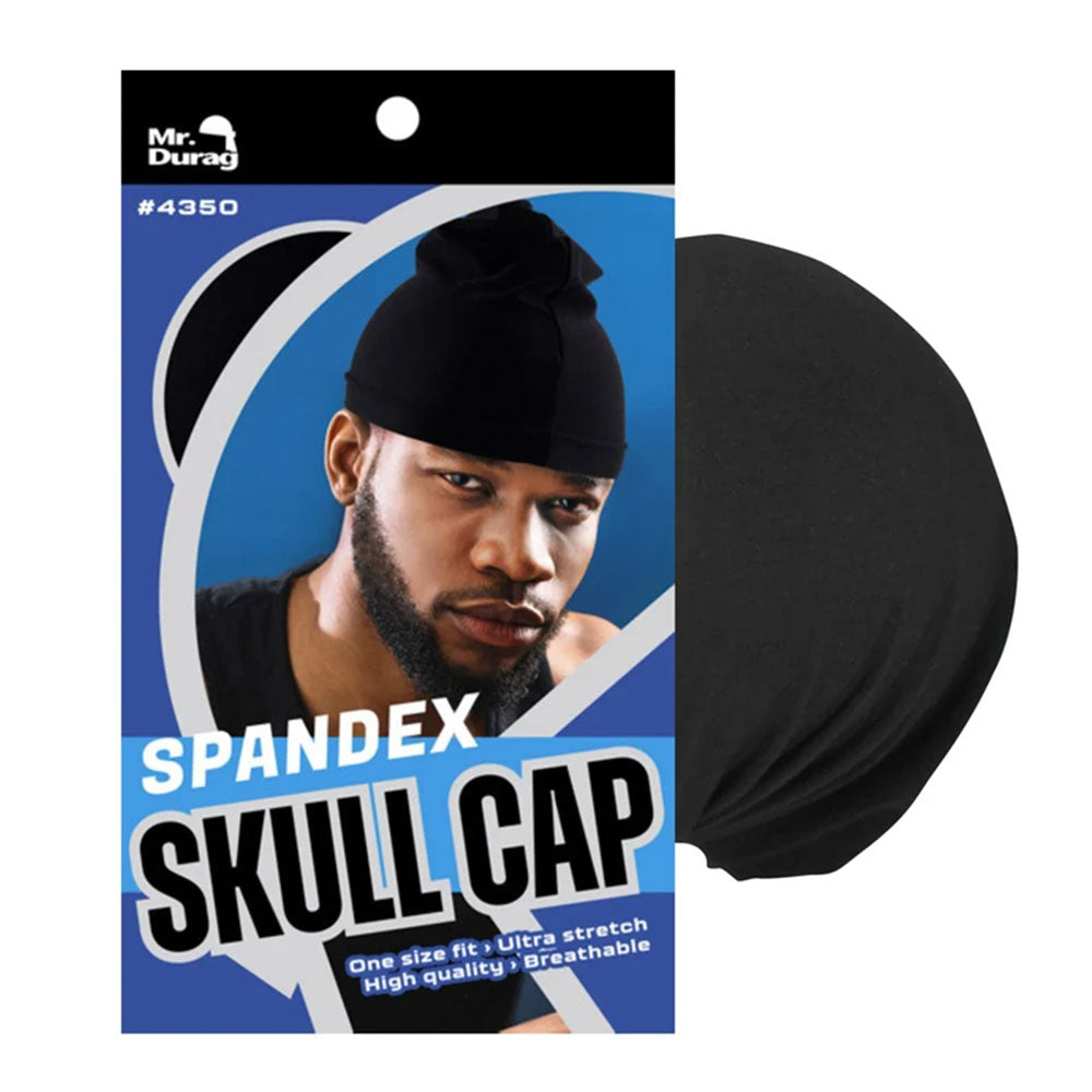 A black stretch skull cap shown next to its retail packaging card. The packaging features a blue and black design with a model wearing the cap, and the text 'Mr.