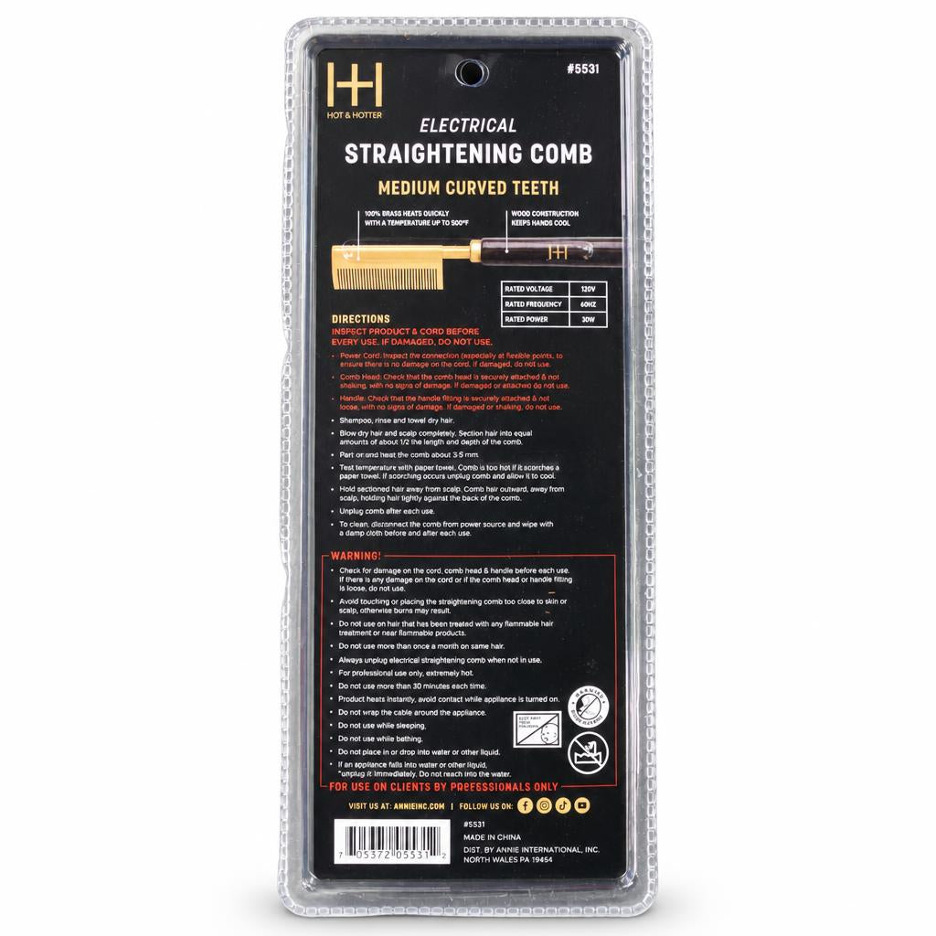 Hot Hots Electrical Straightening Comb in its original clear plastic blister packaging with a black and orange instruction label.