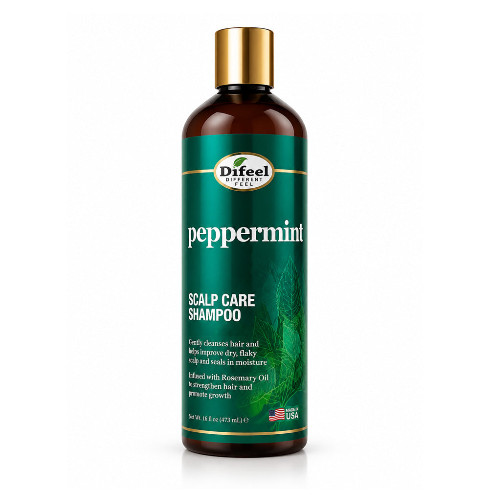 A bottle of Difeel Naturals peppermint scalp care shampoo, featuring a dark amber brown bottle, a gold cap, and a green label with white text.