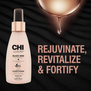 CHI Luxury Black Seed Oil Blend bottle with text 'Rejuvinate, Revitalize & Fortify' on a dark background