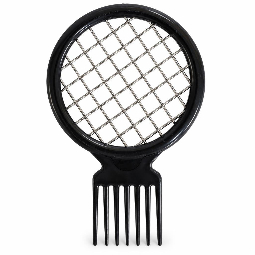 A black hair styling tool combining a round mesh hair dryer attachment with a comb, shown against a plain white background.