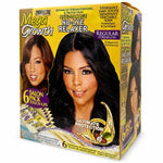 A box of ProFectiv Mega Growth No-Lye Relaxer hair dye on a plain white background. The packaging is primarily yellow and black with purple accents, featuring a large portrait of a woman with black hair and text highlighting salon pack touch-ups and ultimate protection.