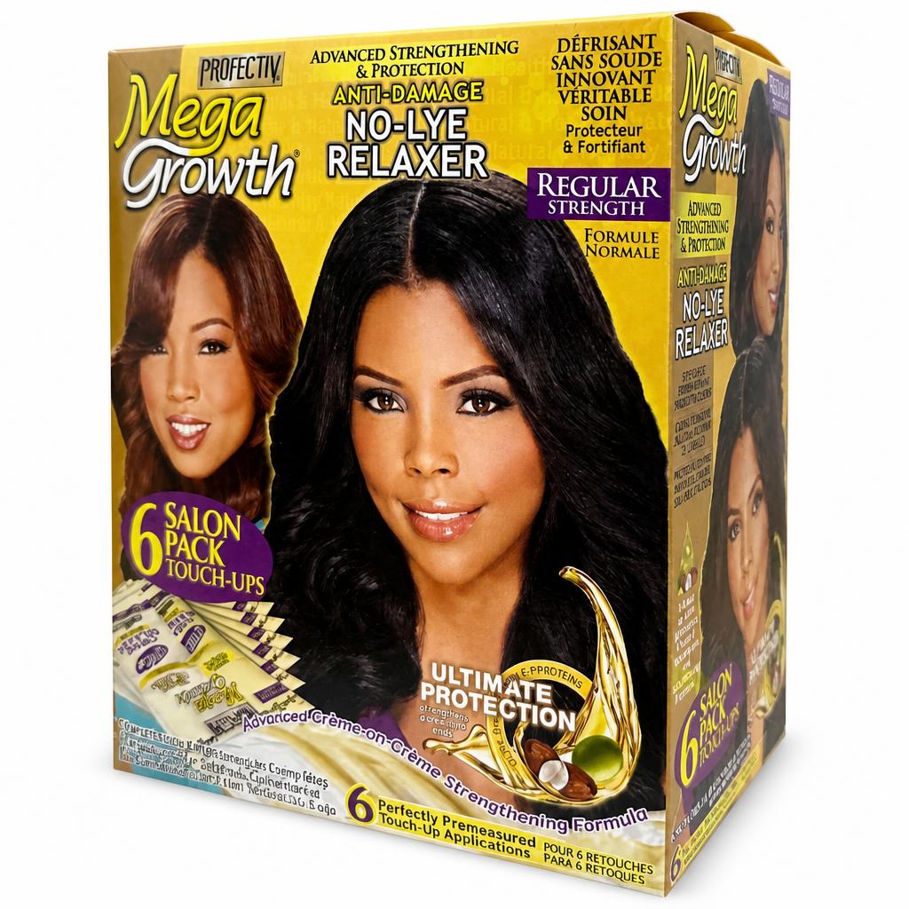 A box of ProFectiv Mega Growth No-Lye Relaxer hair dye on a plain white background. The packaging is primarily yellow and black with purple accents, featuring a large portrait of a woman with black hair and text highlighting salon pack touch-ups and ultimate protection.