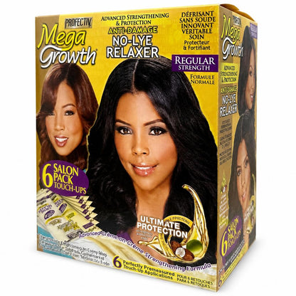 A box of ProFectiv Mega Growth No-Lye Relaxer hair dye on a plain white background. The packaging is primarily yellow and black with purple accents, featuring a large portrait of a woman with black hair and text highlighting salon pack touch-ups and ultimate protection.
