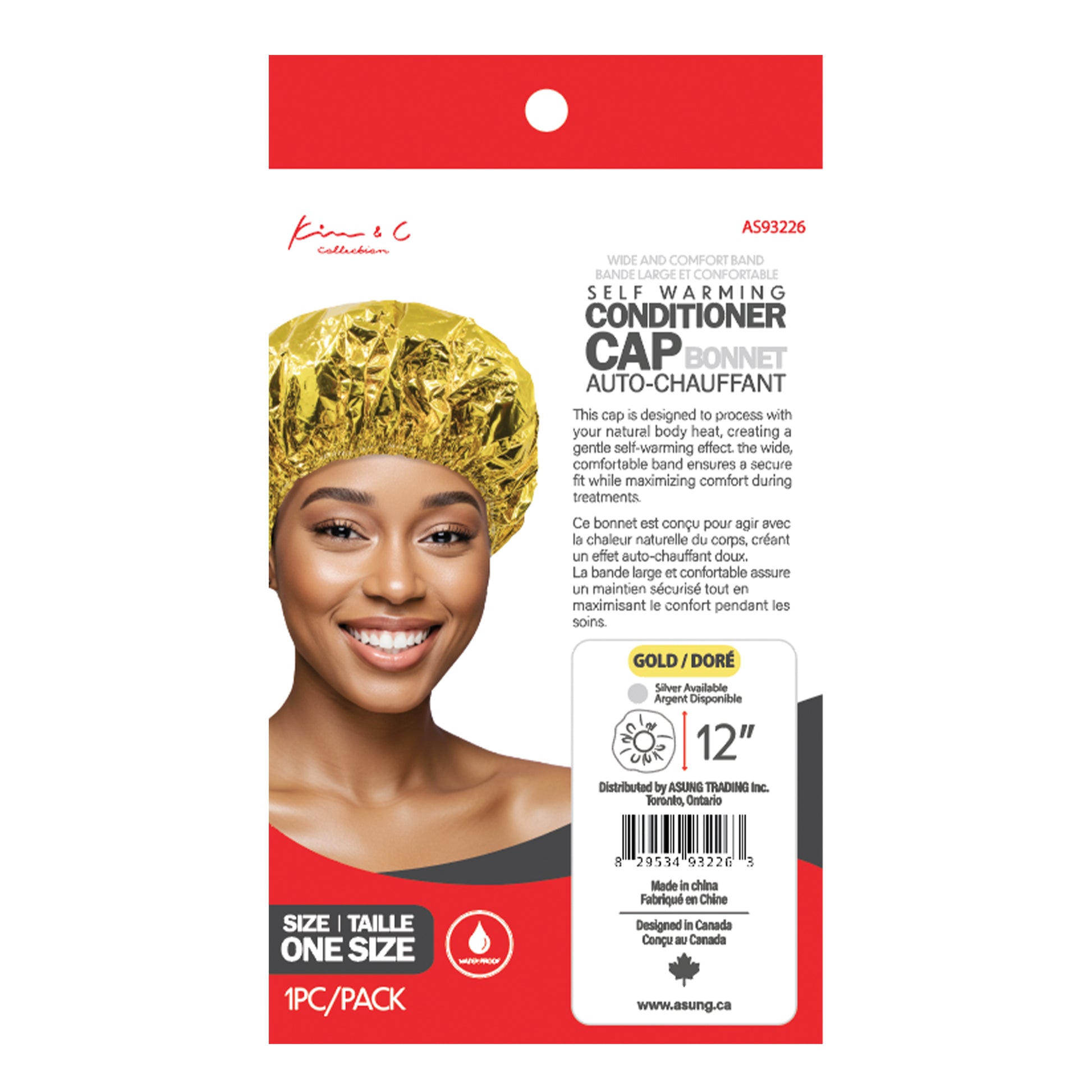 Gold self-warming conditioner cap packaging with a model wearing the cap on a white background