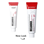 Two cosmetic cream tubes on a white background with the text 'New Look' and arrow below. The left tube is white with a red cap and red text, labeled MDP+ MELANON X CREAM 73%.