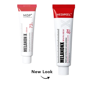 Two cosmetic cream tubes on a white background with the text 'New Look' and arrow below. The left tube is white with a red cap and red text, labeled MDP+ MELANON X CREAM 73%.