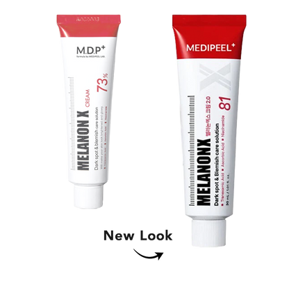 Two cosmetic cream tubes on a white background with the text 'New Look' and arrow below. The left tube is white with a red cap and red text, labeled MDP+ MELANON X CREAM 73%.