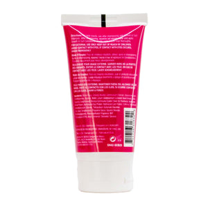 Back view of a pink and white tube with text on a white background