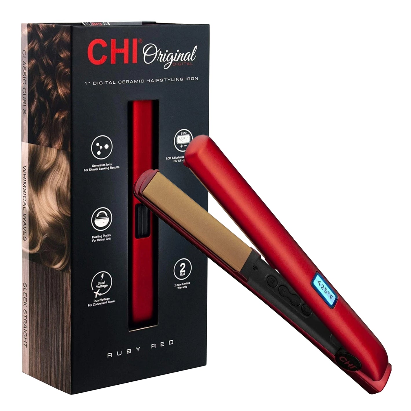 Red hair straightener with black packaging featuring 'CHI Original' branding on a white background.