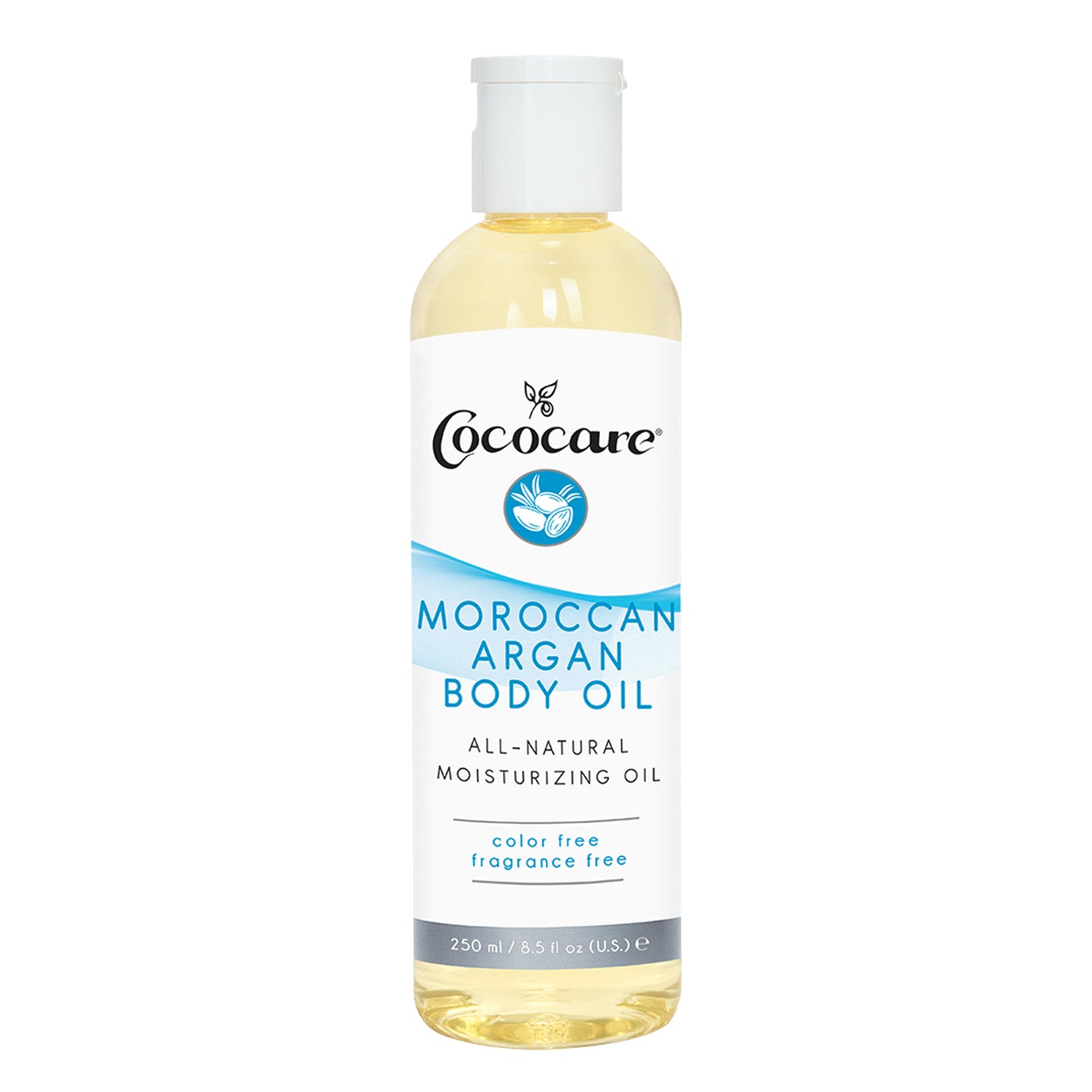 Bottle of Cococare Moroccan Argan Body Oil on a white background