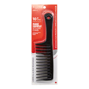 Packaged rake handle styling comb with red and white label on a white background