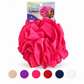 A bright pink ruffled chiffon turban headwrap displayed on its retail card packaging, with six color swatches shown along the bottom of the image.