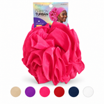 A bright pink ruffled chiffon turban headwrap displayed on its retail card packaging, with six color swatches shown along the bottom of the image.