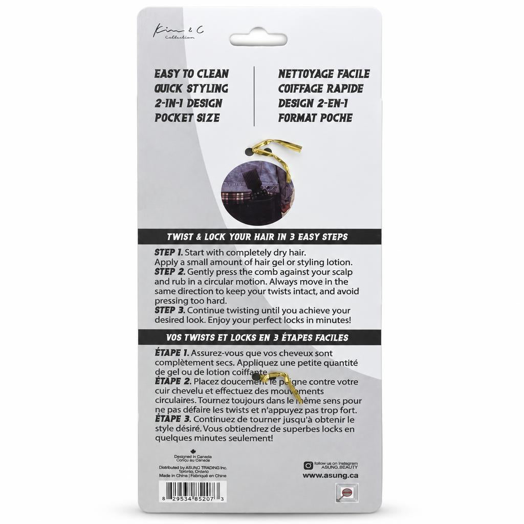 Back of a hair styling product package in French and English, showing text about easy-to-clean quick styling, 2-in-1 design, pocket size, and three-step twist and lock hair instructions, with a small photo of the purple hair product bottle and a barcode at the bottom.