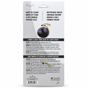 Back of a hair styling product package in French and English, showing text about easy-to-clean quick styling, 2-in-1 design, pocket size, and three-step twist and lock hair instructions, with a small photo of the purple hair product bottle and a barcode at the bottom.