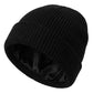 Black knit beanie with satin lining on a white background