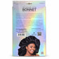 A package of Kime & Co. Premium Satin Bonnet in Black, featuring a holographic backing card with product details, a barcode, and a photo of a model wearing the black satin bonnet.