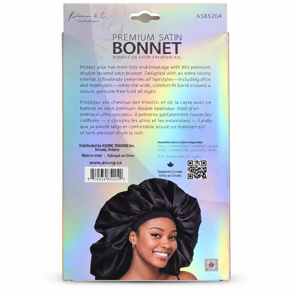 A package of Kime & Co. Premium Satin Bonnet in Black, featuring a holographic backing card with product details, a barcode, and a photo of a model wearing the black satin bonnet.