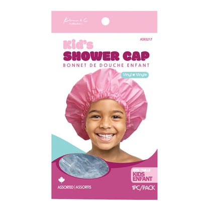 Pink shower cap packaging with a child wearing the cap on a white background